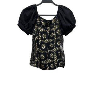 Maeve By Anthropologie Womens Catania Puff Sleeve Top Black/Green  Size XS